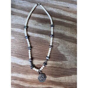 Vintage Sterling Silver Necklace With Marcasite Pendant & Freshwater Pearls Lobs